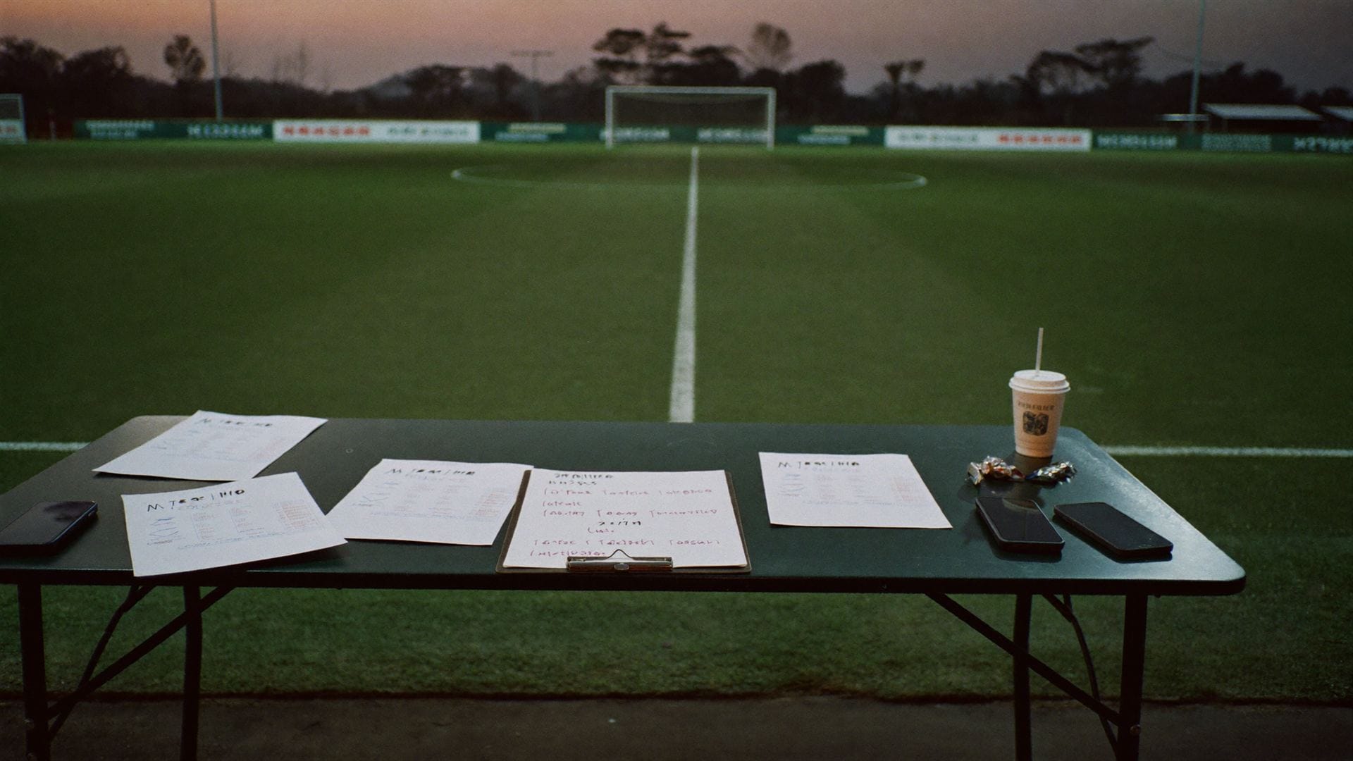 A folding table at the touchline at dusk: a handwritten fixture sheet on a clipboard, two phones, loose papers, and a cooling coffee.